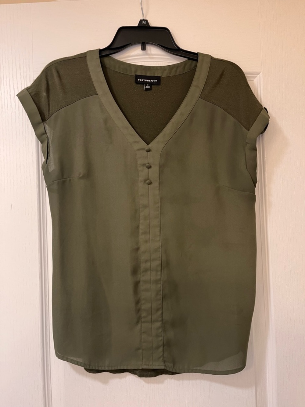 Forever New Olive Utility V-Neck Short Sleeve Blouse